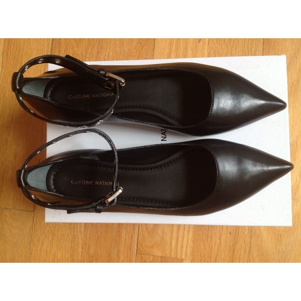 Costume National  Black Leather Ankle - Strap Ballet Flats Size 38 ( US 8 )